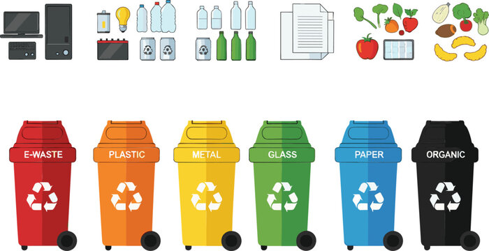Waste sorting and recycling bin infographic showing electronic plastic metal glass paper and organic waste categories in flat vector illustration