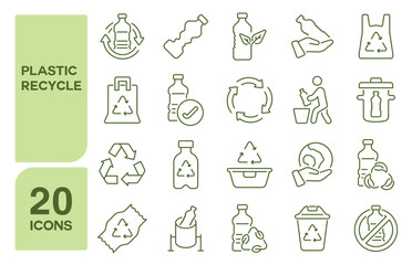 Set of 20 icons related to plastic recycle, Vector illustration