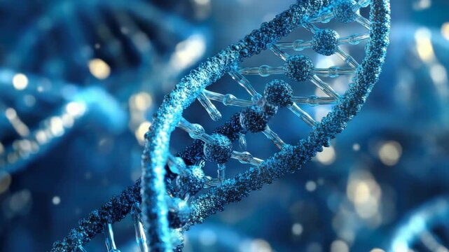 3D rendering of a double helix DNA molecule set against a blue-toned background with water droplets, emphasizing the microscopic nature and elegance of genetic structure.