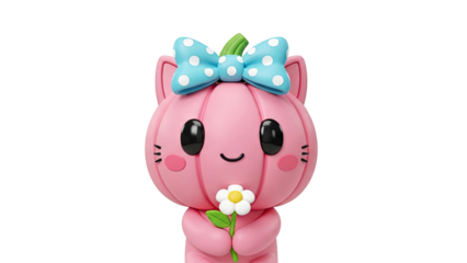 Cute Pink Pumpkin Cat Character with Flower and Bow