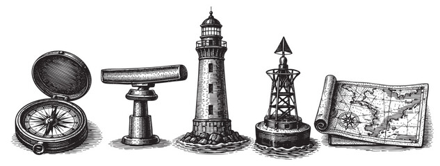 Black and white illustration of nautical equipment including a compass, lighthouse, buoy, map, and telescope in a row, perfect for adding a vintage feel.