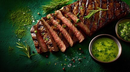 Grilled Sliced Steak with Herb Chimichurri Sauce on Green Background