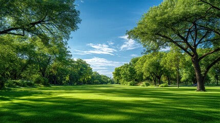 Fototapeta premium Green grass field with trees and a blue sky