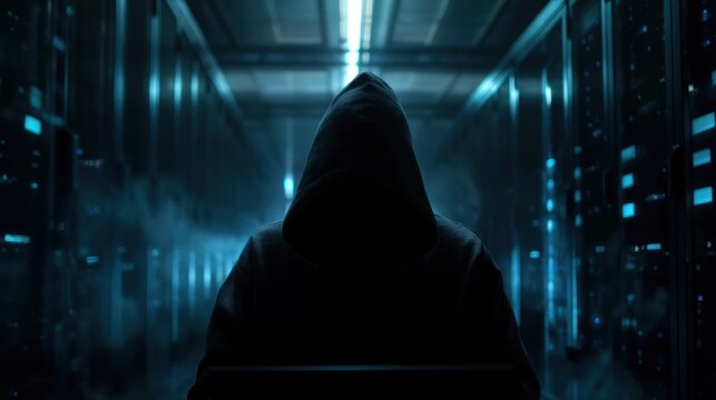 Person in a hoodie in a server room - Powered by Adobe