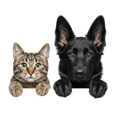 Curious cat and dog peeking over wall isolated on transparent background