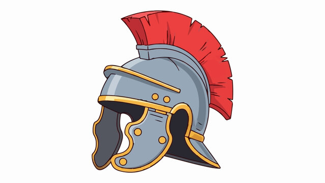 Cartoon depiction of a silver Roman helmet with a red plume and gold accents