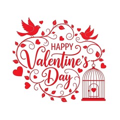 Happy Valentine&rsquo;s Day Romantic Typography with Love Birds, Hearts and Decorative Cage