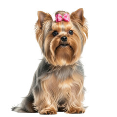Yorkshire terrier with bow, isolated on transparent background
