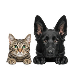 Curious kitten and dog pup peeking together, isolated on transparent background