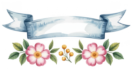 Blue ribbon banner with pink flowers and green leaves isolated on a transparent background