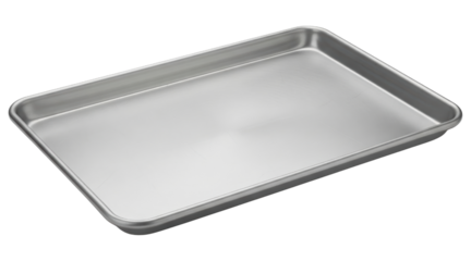Rectangular aluminium metal baking sheet tray for oven cooking on a transparent background