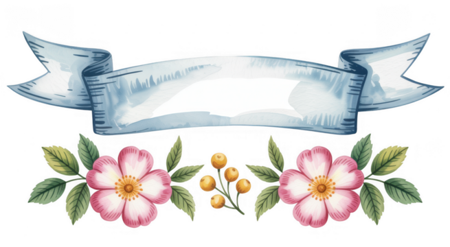 Blue ribbon banner with pink flowers and green leaves isolated on a transparent background - Powered by Adobe