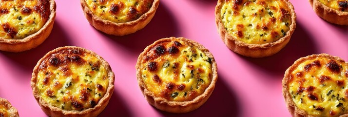 Mini Quiches with Herbs and Cheese on Pink Background