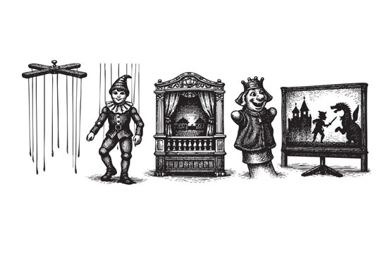 Detailed engraving illustration featuring a marionette, puppet theater, hand puppet, and shadow puppet screen on a white background, perfect for vintage or theatrical designs.