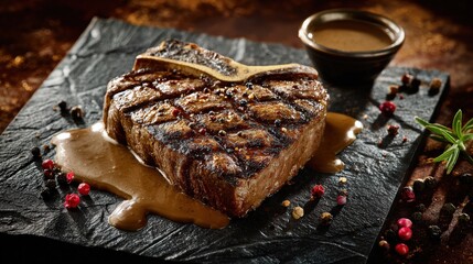 Juicy Grilled T-Bone Steak with Pepper Sauce on Dark Stone Platter