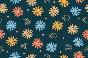 Colorful daisy flowers in a seamless pattern on a dark background. This vector illustration features vibrant floral elements, perfect for textiles, wallpapers, and design projects.