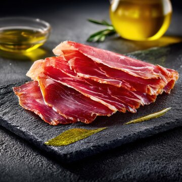 Spanish Iberian Ham Slices on Slate Board with Olive Oil