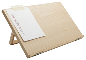 Wooden adjustable reading stand holder with paper checklist note on a transparent background