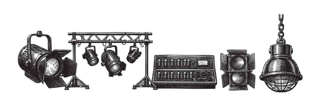 Detailed sketch of various stage lighting equipment, including spotlights, rig, and a mixing console, all rendered in a classic hand-drawn style.