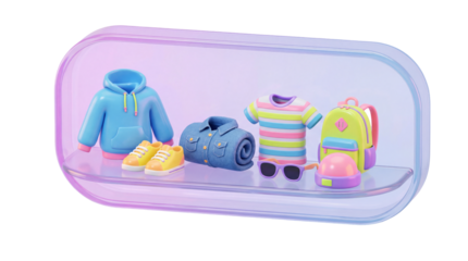 A clear shelf showcases a collection of children's apparel and accessories including a blue hoodie, denim jeans, a colorful striped t-shirt, a backpack, and a hat.