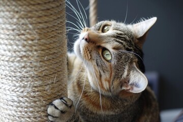 Tabby cat scratching a rope scratching post, showing its claws and whiskers