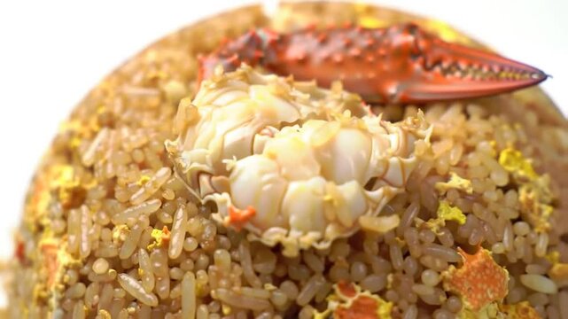 Close up of a plate of crab fried rice against a white background