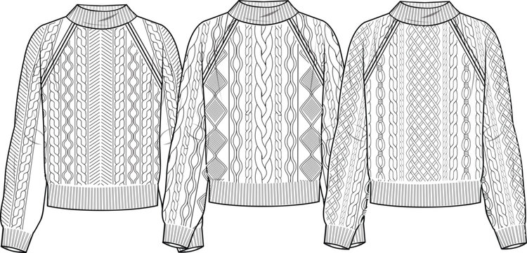 Women's Cable Jumper in 3 different cable styles- Jumper technical fashion illustration. Flat apparel Jumper template front, white colour. Women's CAD mock-up.