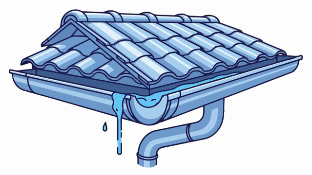 Blue tiled roof with overflowing gutter, dripping water