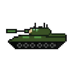 Pixel Art Green Military Battle Tank Side View Game Asset