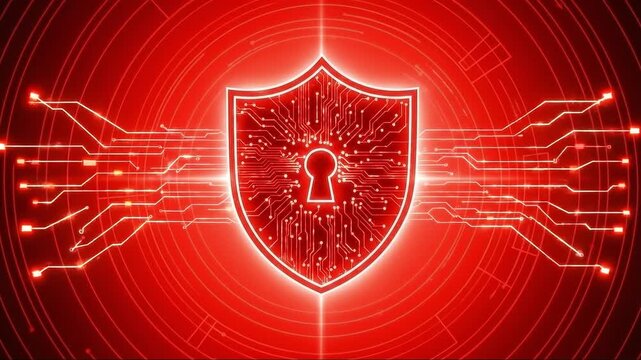 Red shield with a keyhole and circuit board design elements
