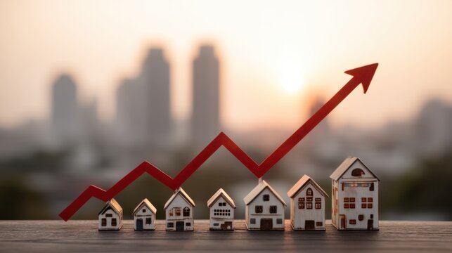 Urban skyline with model houses and upward trend arrow illustrating housing market growth and economic development