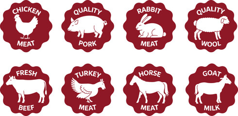 Farm animal product labels, red badges, meat and milk icons, silhouette livestock signs, packaging design, agriculture vector, food branding, marketing