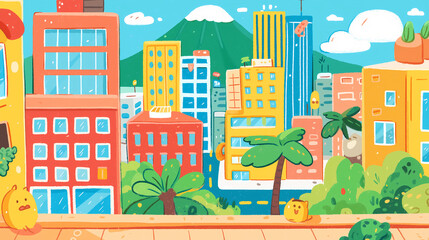 Fototapeta premium A flat-style cartoon cityscape featuring bright buildings, palm trees, and a snow-capped mountain under a blue