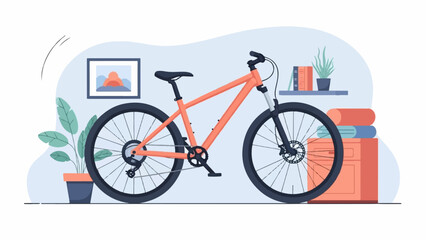 Fototapeta premium An orange bicycle stands indoors near plants and a shelf with books and folded towels