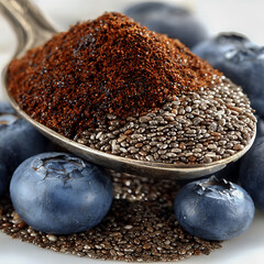 Superfood Spoon with Chia Seeds Blueberries and Cacao Powder