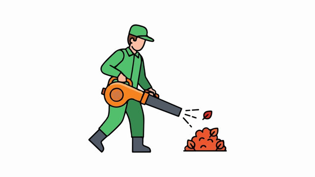 Cartoon person in green uniform blowing leaves with orange leaf blower