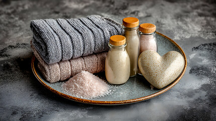 A tranquil arrangement of towels, bath salts, essential oils, and a heart-shaped stone on a ceramic plate
