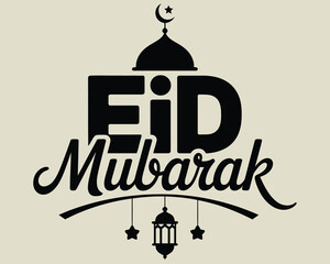 Eid mubarak greeting card design with mosque dome and hanging lanterns in black and white