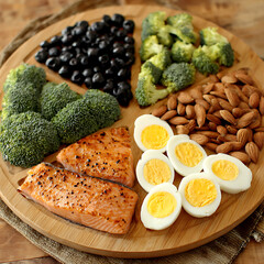 A wooden platter arranged with grilled salmon fillets, sliced boiled eggs, broccoli, almonds, and olives