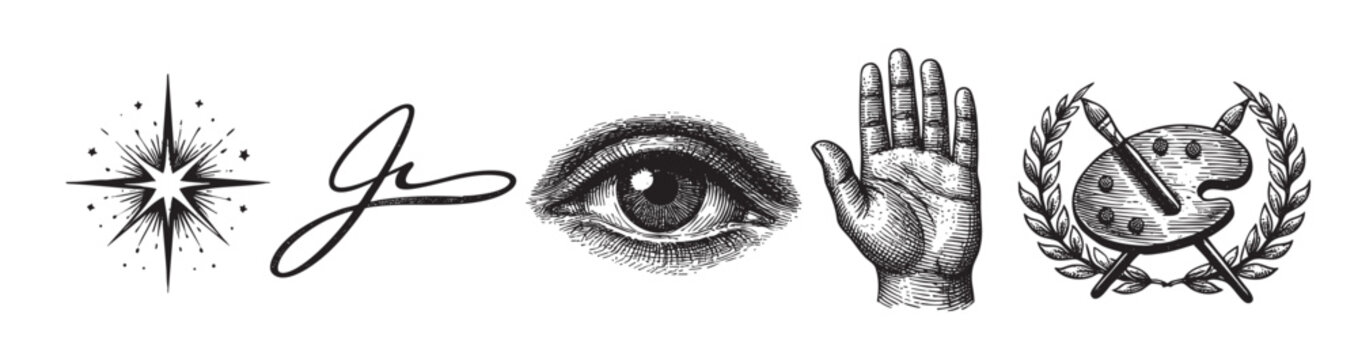 Illustration showing vintage style engraved symbols including a star, signature, eye, hand, and artist palette on a white background.