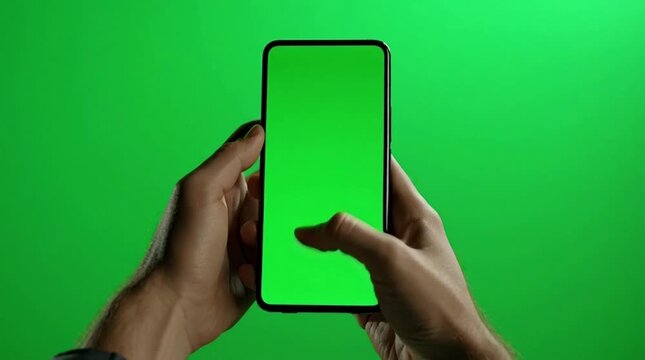 A person is holding a smartphone with a green screen in front of a green background