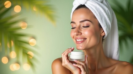 Young woman in white towel turban and robe enjoying luxurious skincare routine, holding cream jar with serene expression in tropical spa setting, perfect for beauty and wellness concepts.