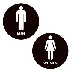 Black and round women and men bathroom signs isolated on a white background