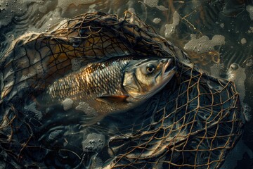 Fish caught in a net surrounded by foamy water