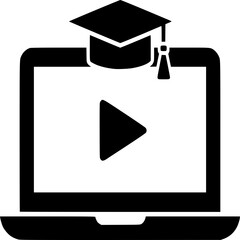 Digital Education: A laptop screen displays a play button under a graduation cap, representing digital learning, online education, and modern academic pursuits.