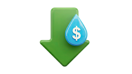 Water cost reduction icon with dollar sign and down arrow