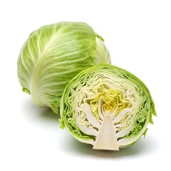 Fototapeta premium Whole iceberg lettuce beside one cut half showing crisp interior