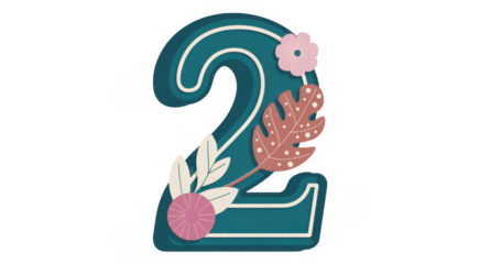 Decorative number 2 with floral pink flowers isolated on a transparent background