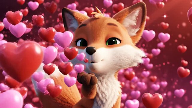 Cartoon Fox Blowing Heart Kisses - An adorable cartoon fox with green eyes and orange fur is blowing a kiss. There are many red and pink hearts floating all around the character.