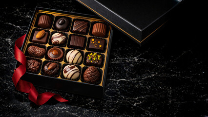 [AI] Luxury Assorted Chocolates in Black Gift Box on Marble